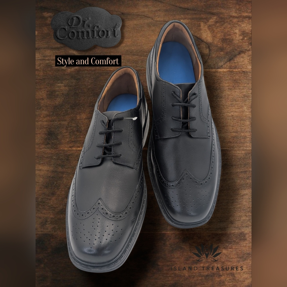 New Dr Comfort Black Wingtip Brogue Sz 12W Leather Diabetic Cushion Comfort